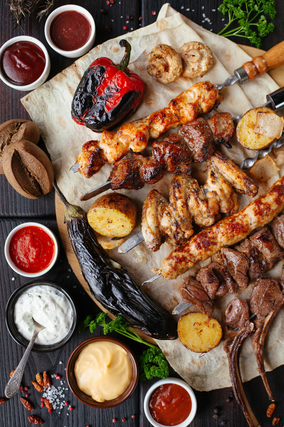 Brochettes et légumes grillés sur une planche